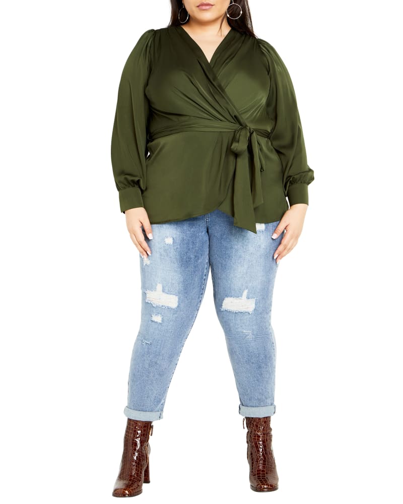 Front of a model wearing a size S Opulent Hi Low Top in Military by City Chic. | dia_product_style_image_id:310401